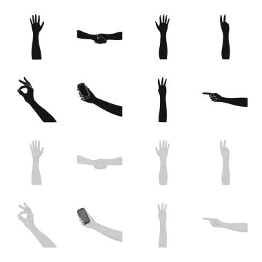 Set koleksiyonu tasarım için işaret dili siyah, tek renkli simgeler. Duygusal iletişim vektör simge stok web illüstrasyon parçası.