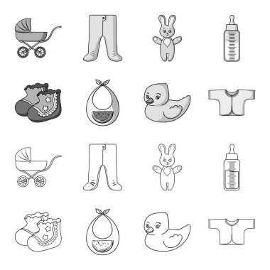 Çorap, önlük, Oyuncak ördek, raspashonka. Anahat, tek renkli stil vektör simge stok çizim web doğan bebek set simgeler.