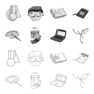 Bir fırça, boya fırçası, bir bilgisayar, bir araç, bir kalem ile bir kova ile bir palettir. Sanatçı ve çizim set simgeler anahat, tek renkli stil vektör simge stok çizim web.