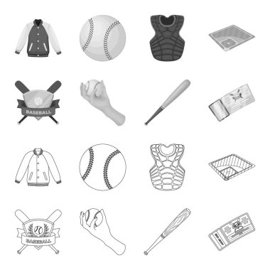 Amblem club, bat, el topu maç için bilet. Beyzbol toplama simgeler anahat, tek renkli stil vektör simge stok çizim web ayarla..