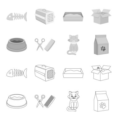 Gıda, bir kedi, hasta bir kedi, bir paket beslemeleri için saç kesimi ile bir kase. küme toplama simgeler anahat, tek renkli stil vektör simge stok çizim web.