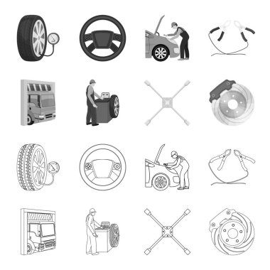 Tekerlek Dengeleme, somun anahtarı ve fren disk anahat, set koleksiyonu tasarım için tek renkli simgeler. Araba bakım istasyonu vektör simge stok çizim web.