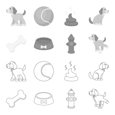 Bir kemik, bir yangın musluğu, bir kase gıda, pissing bir köpek. Köpek toplama simgeler anahat, tek renkli stil vektör simge stok çizim web ayarla..