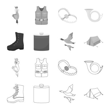 Uçan ördek, şişesi, çizmeler, çadır... Avcılık toplama simgeler anahat, tek renkli stil vektör simge stok çizim web ayarla..