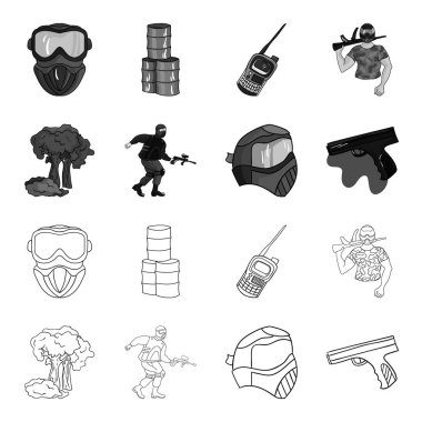 Maske, silah, boya, stok. Paintball toplama simgeler anahat, tek renkli stil vektör simge stok çizim web ayarla..
