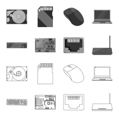 Klavye, yönlendirici, anakart ve bağlayıcı. Kişisel bilgisayar toplama simgeler anahat, tek renkli stil vektör simge stok çizim web ayarla..