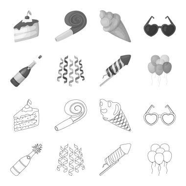 Şampanya, havai fişek ve parti diğer aksesuarları. Parti ve partits anahat, tek renkli stil vektör simge stok çizim web simgeler ayarla.