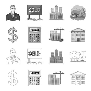 Hesap makinesi, dolar işareti, yeni bina, Emlak Ofisleri. Emlakçı toplama simgeler anahat, tek renkli stil vektör simge stok çizim web ayarla..