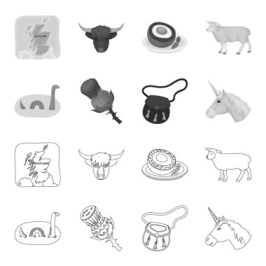 Loch Ness canavarı, thistle çiçek, tek boynuzlu at, sporan. İskoçya ülke toplama simgeler anahat, tek renkli stil vektör simge stok çizim web ayarla..