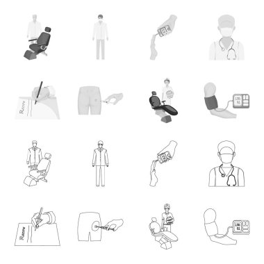 Kas içi enjeksiyon reçete, diş hekimi, kan basıncı ölçüm. Medicineset toplama simgeler anahat, tek renkli stil vektör simge stok çizim web.