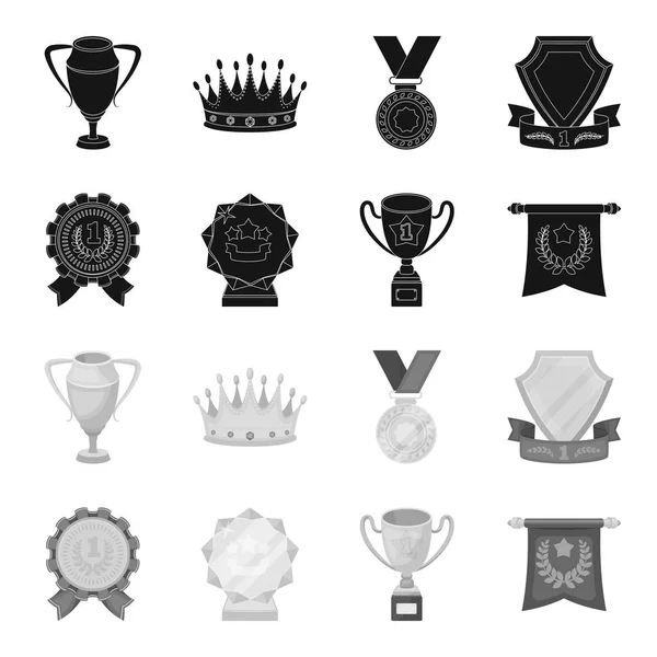 Bir Olimpiyat madalya ilk yer, bir kristal top, gold Kupası bir stand, kırmızı bir kolye için. Ödülleri ve kupa toplama simgeler siyah, tek renkli stil vektör simge stok çizim web ayarla.