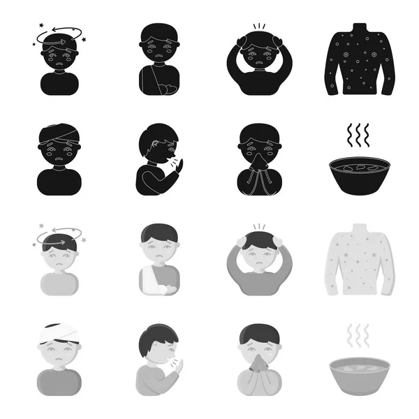 Un hombre con una cabeza vendada, un hombre tosiendo, un hombre resoplando un moco, un tazón, un tazón de caldo caliente en un pañuelo. Iconos de colección conjunto enfermo en negro, estilo monocromo vector símbolo stock ilustración — Vector de stock