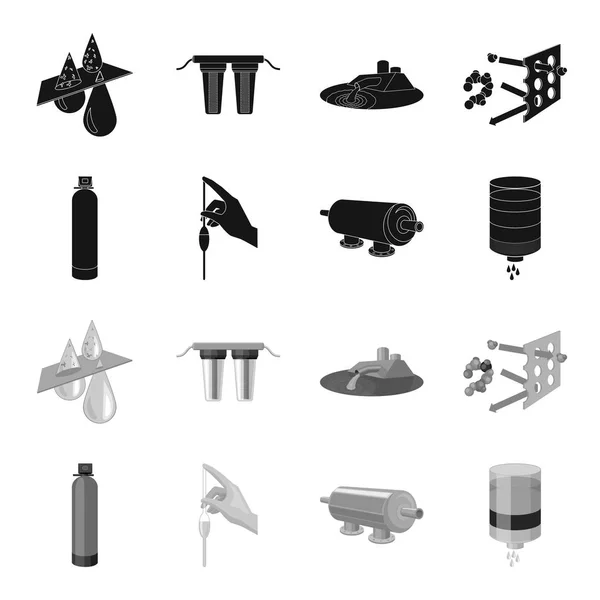 Zuivering, water, filter, filtratie. Water filtratiesysteem ingesteld collectie iconen in zwart, zwart-wit stijl vector symbool stock illustratie web. — Stockvector