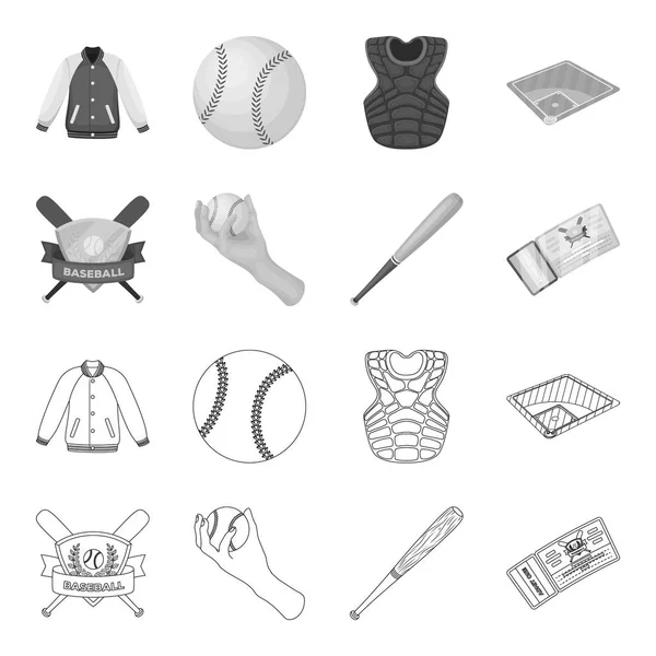 Amblem club, bat, el topu maç için bilet. Beyzbol toplama simgeler anahat, tek renkli stil vektör simge stok çizim web ayarla..