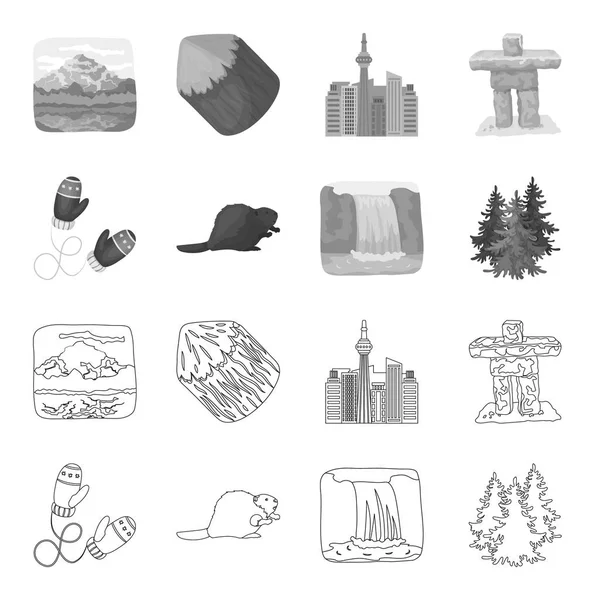 Kanada köknar, kunduz ve Canada.Canada diğer sembolleri anahat, tek renkli stil vektör simge stok çizim web simgeler ayarla.