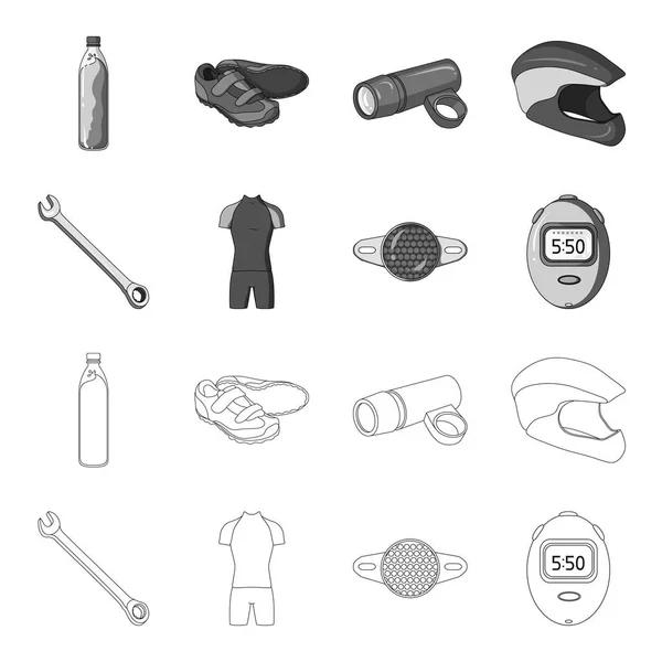 Een moersleutel het been van een fietser, een reflector, een timer. Fietser outfit instellen collectie iconen in overzicht, zwart-wit stijl vector symbool stock illustratie web. — Stockvector