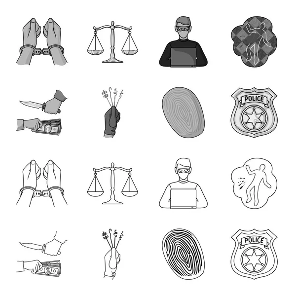 Soygun saldırı, parmak izi, polis rozeti, yankesici. Suç toplama simgeler anahat, tek renkli stil vektör simge stok çizim web ayarla..