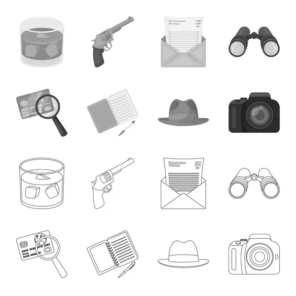 Camera, magnifier, hat, notebook with pen.Detective set collection icons in outline,monochrome style vector symbol stock illustration web. — Stock Vector