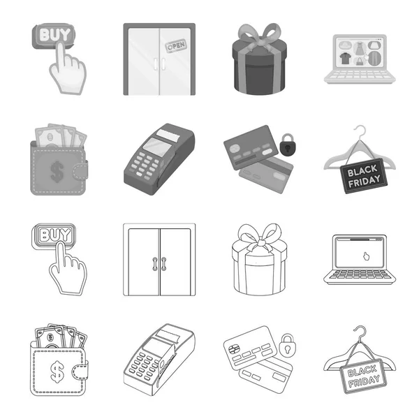 Dompet, uang, sentuhan, gantungan dan peralatan lainnya. E commerce set collection icons in outline, monochrome style vector symbol stock illustration web . - Stok Vektor