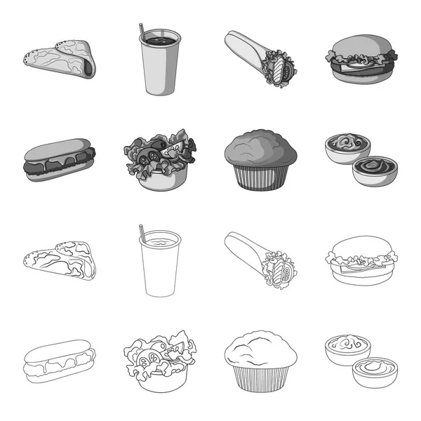 खाद्य, आराम, ताज़ा और अन्य वेब प्रतीक रूपरेखा, मोनोक्रोम शैली में. केक, बिस्किट, क्रीम, प्रतीक सेट संग्रह में . — स्टॉक वेक्टर