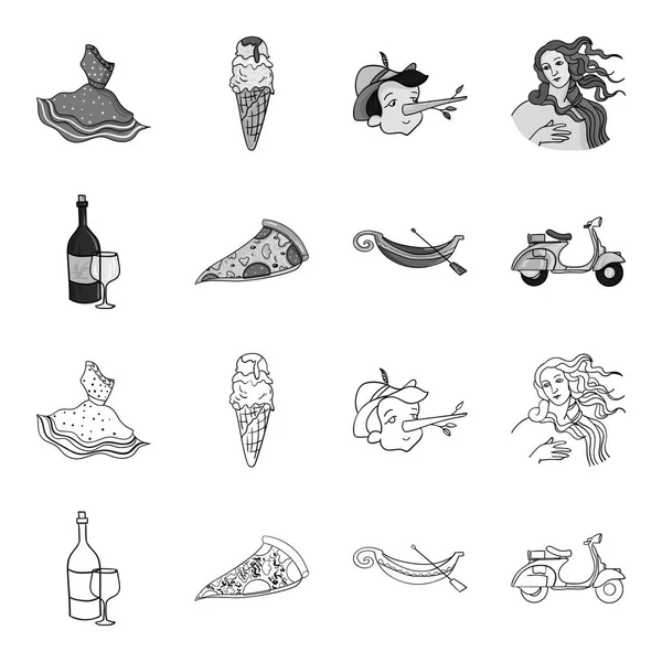 Una botella de vino, un pedazo de pizza, una gundola, un scooter. Italia conjunto de iconos de colección en el contorno, el estilo monocromo vector símbolo stock ilustración web . — Vector de stock