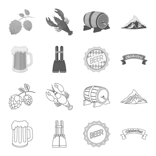Shorts mit Hosenträgern, ein Glas Bier, ein Schild, ein Emblem. oktoberfest set collection icons in outline, monochrom style vektor symbol stock illustration web. — Stockvektor