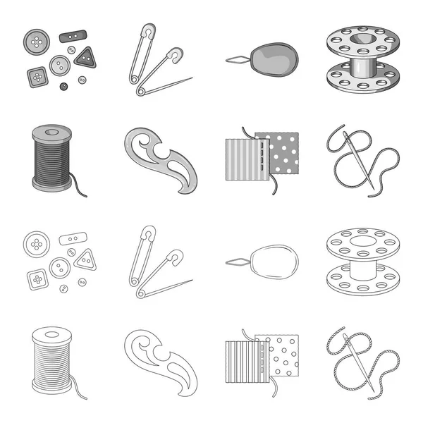 Bir makara ile konu, bir iğne, bir curl, kumaş dikiş. Dikiş veya araçları terzilik anahat, tek renkli stil vektör simge stok çizim web simgeler ayarla.
