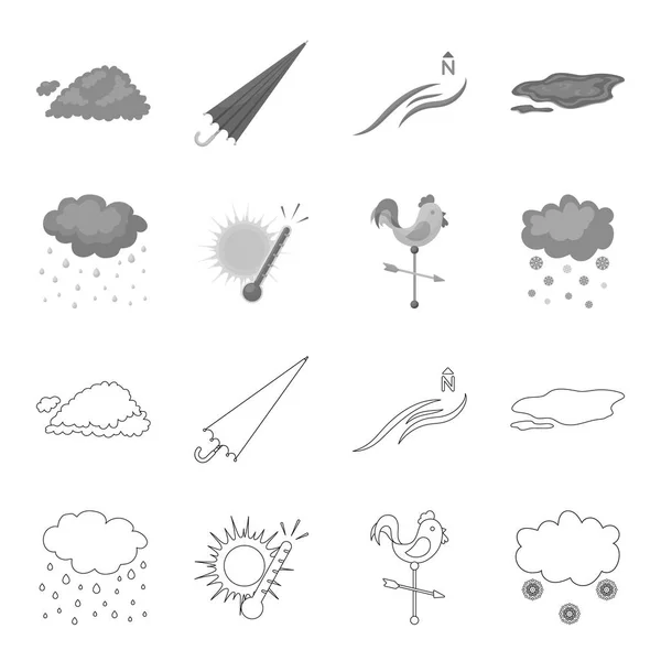 Дождь, снег, жара, флюгер. Иконки коллекции метеорологических наборов в наброске, векторные символы в монохромном стиле. . — стоковый вектор