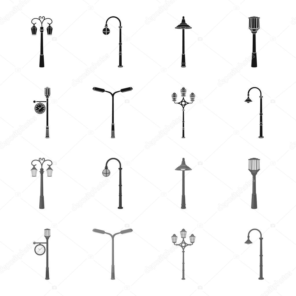 Lamppost in retro style,modern lantern, torch and other types of streetlights. Lamppost set collection icons in black,monochrome style vector symbol stock illustration web.