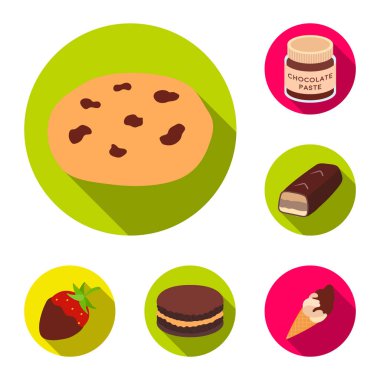 Çikolata tatlı düz simgeler set koleksiyonu tasarım için. Çikolata ve şekerleme vektör simgesi web illüstrasyon stok.