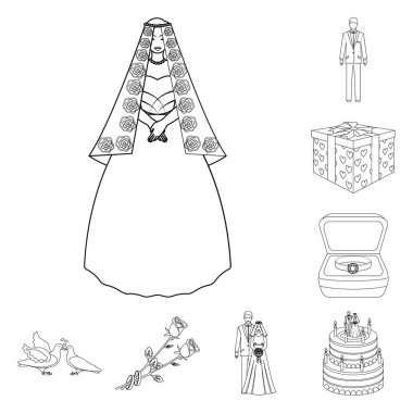 Düğün ve öznitelikleri set koleksiyonu tasarım için simgeleri anahat. Sembol stok web illüstrasyon vektör yeni evliler ve aksesuarları.