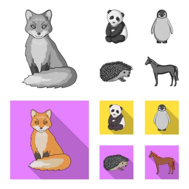 Fox, panda, kirpi, penguen ve diğer hayvanlar. Hayvan toplama simgeler tek renkli, düz stil vektör simge stok çizim web ayarla..