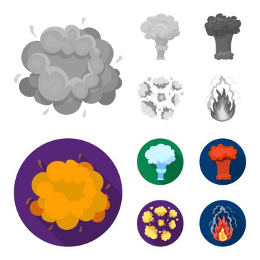 Alevi, kıvılcım, hidrojen parçaları, atom veya gaz patlaması. Patlamalar toplama simgeler tek renkli, düz stil vektör simge stok çizim web ayarla..