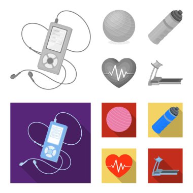 Oyuncu, bir şişe su ve diğer ekipman eğitim için. Spor ve egzersiz tek renkli, düz stil vektör simge stok çizim web simgeler ayarla.