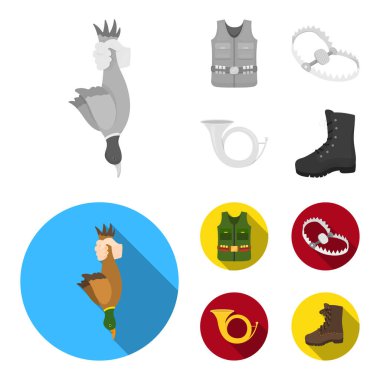 Elini, keskin bir zeka, bir av yeleği himayesi ile bir boynuz bir kupa... Avcılık toplama simgeler tek renkli, düz stil vektör simge stok çizim web içinde ayarla..