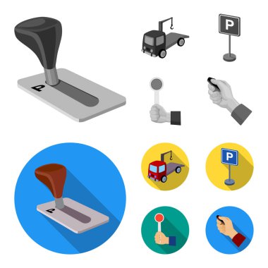 İletim kolu, çekici, Park işareti, stop sinyali. Parking bölge tek renkli, düz stil vektör simge stok çizim web simgeler ayarla.