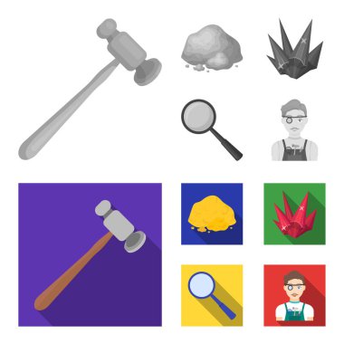 Bir kuyumcu çekiç, bir büyüteç, bakır cevheri, bir kristal. Değerli mineraller ve bir kuyumcu toplama simgeler tek renkli, düz stil vektör simge stok çizim web ayarla.