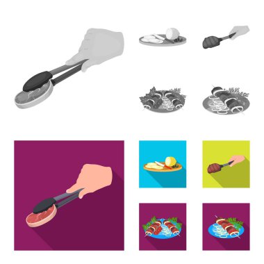 Biftek, bir kepçe, limon Dilimleme ve zeytin kızarmış et, şiş kebap bir tabakta sebze ile maşayla. Gıda ve yemek toplama simgeler vektör simge stok tek renkli ve düz tarzda ayarla
