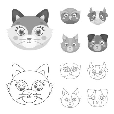 Baykuş, inek, kurt, köpek. Hayvan namlu toplama simgeler anahat, tek renkli stil vektör simge stok çizim web ayarla..