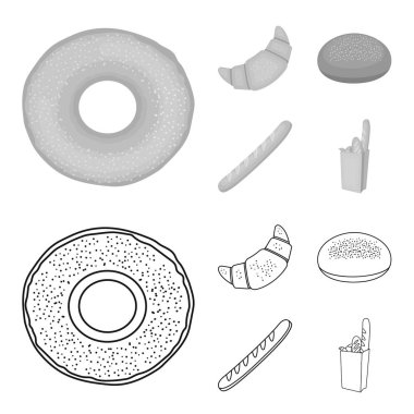 Çavdar yuvarlak ekmek, çörek, Fransız bir somun ekmek bir torba. Ekmek toplama simgeler anahat, tek renkli stil vektör simge stok çizim web ayarla..