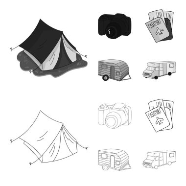 Tatil, fotoğraf, fotoğraf makinesi, pasaport. Aile tatil toplama simgeler anahat, tek renkli stil vektör simge stok çizim web ayarla..