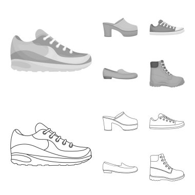 Parmak arası terlik, takunya yüksek bir platform ve topuk, dantel, kadın gri bale daireler, tek traktör kırmızı ayakkabılar ile yeşil spor ayakkabı. Ayakkabı koleksiyonu simgeleri anahat, tek renkli stil vektör simgesi ayarla