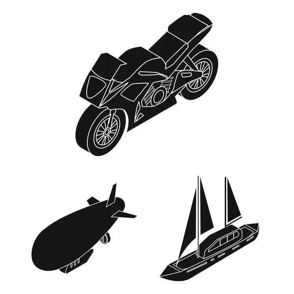 Διαφορετικοί τύποι μεταφορών μαύρο εικονίδια στη συλλογή σετ για σχεδιασμό. Αυτοκίνητο και πλοίο ισομετρική διάνυσμα σύμβολο μετοχής web εικονογράφηση. — Διανυσματικό Αρχείο