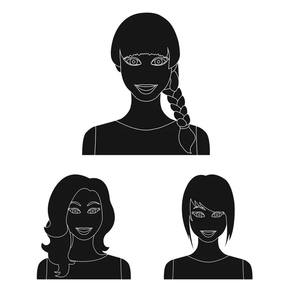 Typer av kvinnliga frisyrer svart ikoner i set samling för design. Utseende av en kvinna vektor symbol lager web illustration. — Stock vektor
