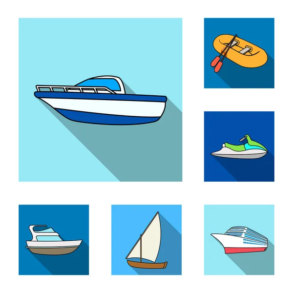Iconos planos de agua y transporte marítimo en la colección de conjuntos para el diseño. Una variedad de barcos y barcos vector símbolo stock web ilustración . — Vector de stock