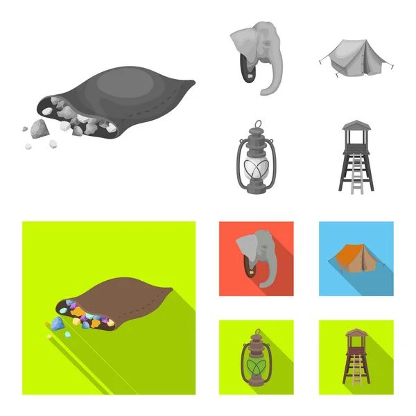 A bag of diamonds, an elephant head, a kerosene lamp, a tent. African safari set collection icons in monochrome,flat style vector symbol stock illustration web. — Stock Vector