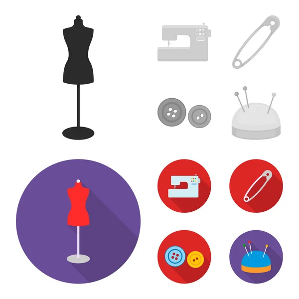 Elektrische naaimachine, dummy op de stand, pin, knoppen. Atelier instellen collectie iconen in zwart-wit, vlakke stijl vector symbool stock illustratie web. — Stockvector