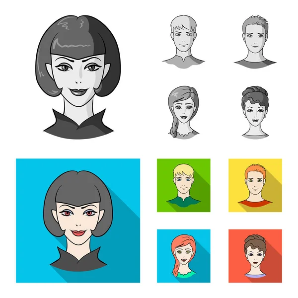 Verschillende looks van jonge mensen. Avatar en gezicht ingesteld collectie iconen in zwart-wit, vlakke stijl vector symbool stock illustratie web. — Stockvector