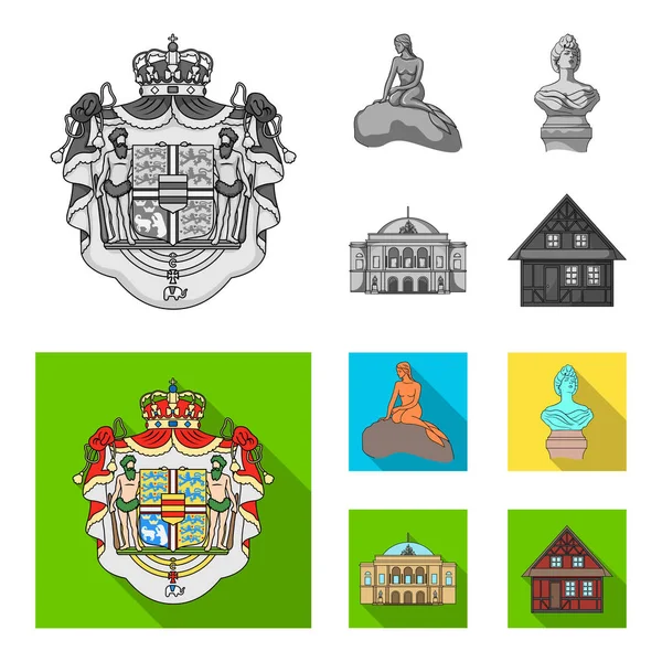 Nacional, símbolo, dibujo, y otro icono web en monocromo, estilo plano. Dinamarca, atributos, estilo, iconos en la colección de conjuntos . — Vector de stock