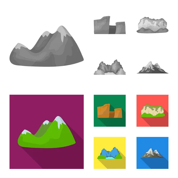 Groene bergen met sneeuw tops, een canyon, rotsen met bossen, een lagune en rotsen. Verschillende bergen instellen collectie iconen in zwart-wit, vlakke stijl vector symbool stock illustratie web. — Stockvector